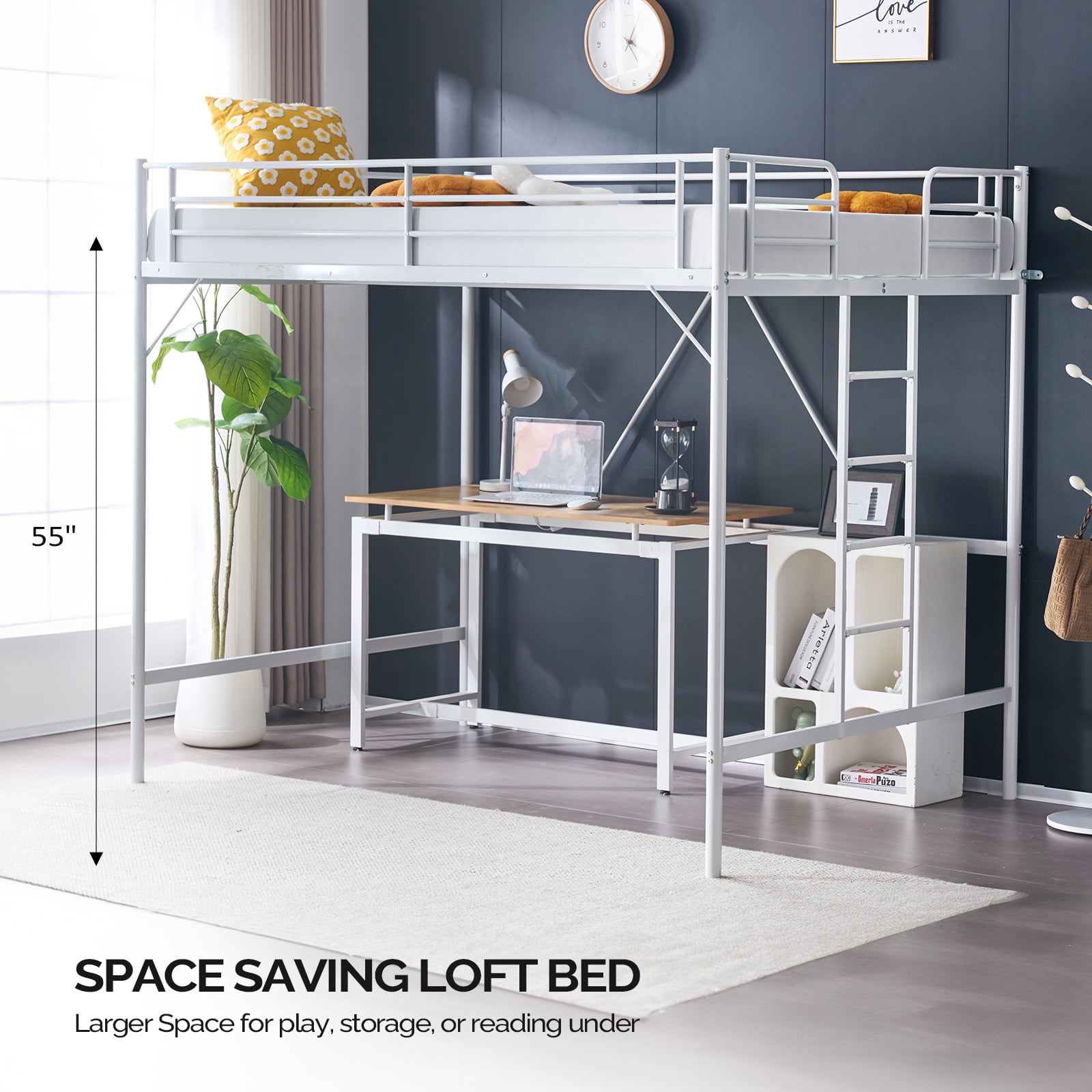 Ktaxon Loft Bed Full Size with Flat Rungs, No Box Spring Required,Heavy Duty Metal Slat Support,White