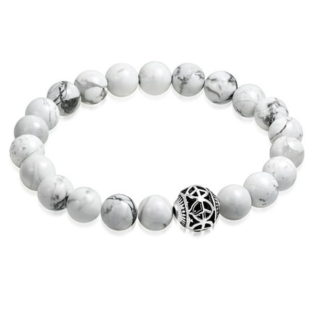 Womens Peace Bracelet - 8 MM White Howlite Antique Peace Charm Healing Balance Meditation Buddha Bead Stretch Bracelet