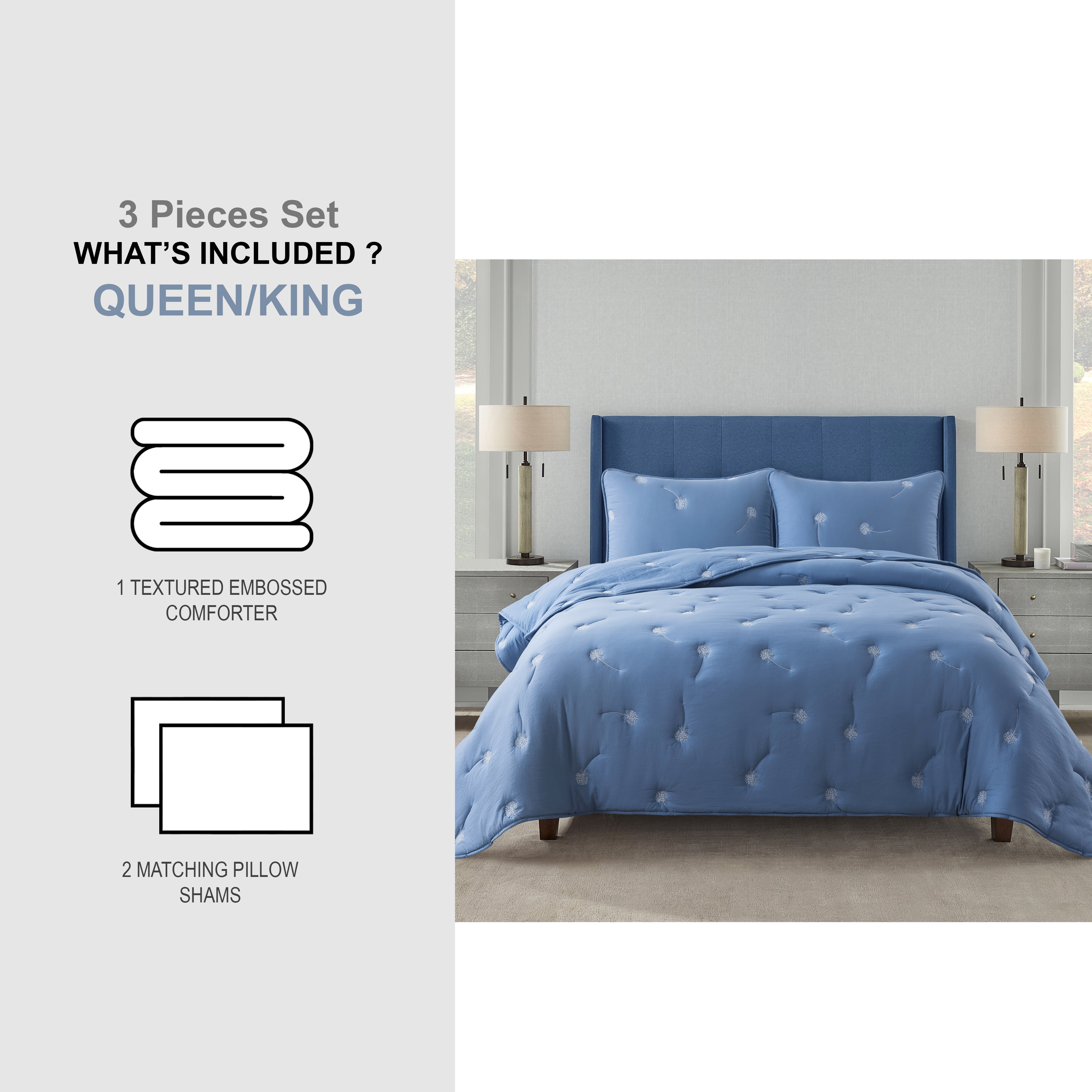 NSH by New Sega Home, 3-Piece Comforter Set, Embroidered Dandelion, Blue, Bed in a Bag, Full/Queen