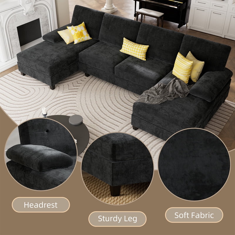Walsunny Modern U-Shaped Sectional Sleeper Sofa with 4 Deep Seat, Modular Cloud Oversized Sofa Couch with Chenille Fabric & Double Chaise for Apartment, Black