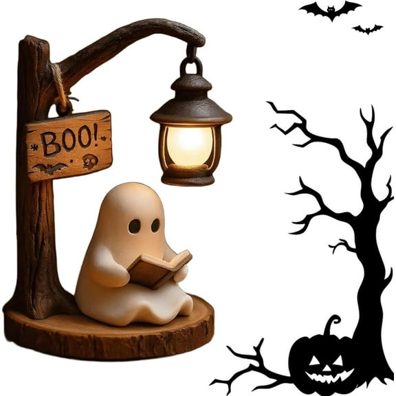 Jollup Cute Ghost Reading Lantern, 3D Resin Ghost Reading Book Lamp with Warm Glow, Halloween Night Light Figurine (1pc)