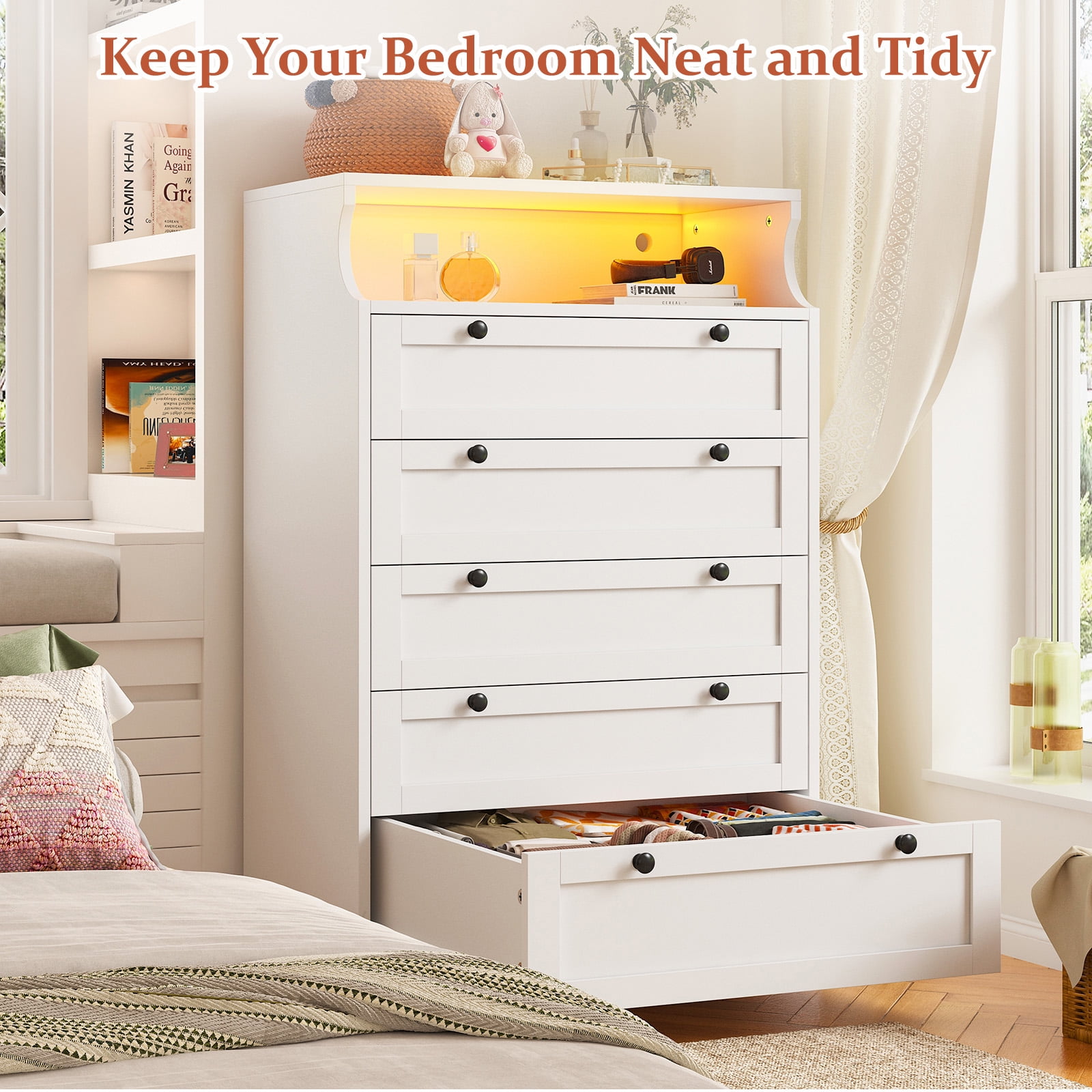 EnHomee White 5 Drawer Dresser with LED Light, 31.7"L x 15.9"W x 48.6"H, Modern Bedroom Furniture