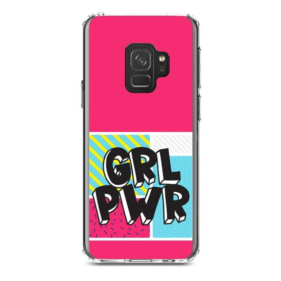 DistinctInk Clear Shockproof Hybrid Case for Samsung Galaxy S9 (5.8" Screen) - TPU Bumper, Acrylic Back, Tempered Glass Screen Protector - Girl Power - GRL PWR - Pink Background