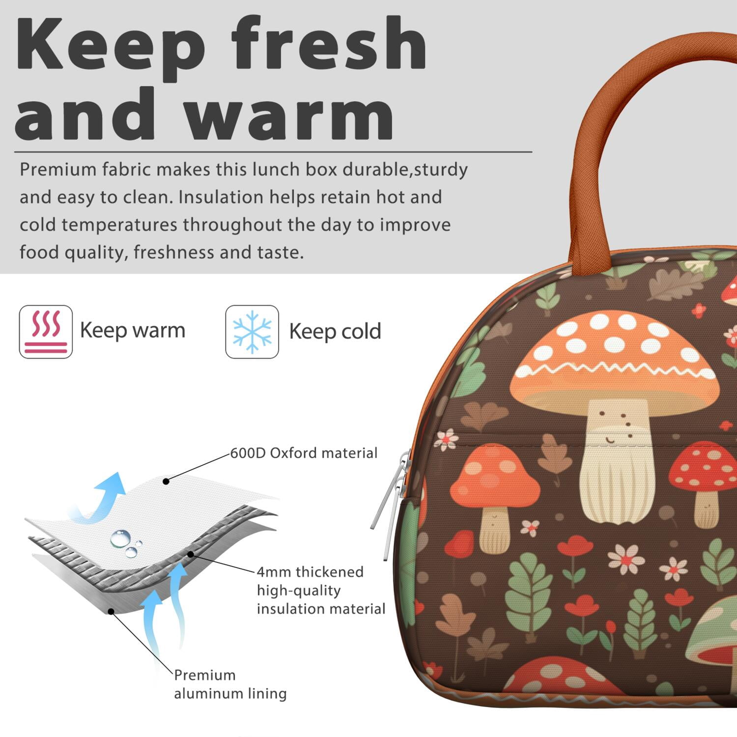 Vintage Mushroom Lunch Box – Reusable Insulated Bag with Botanical Fungi Design, Ideal for Work or Outdoors