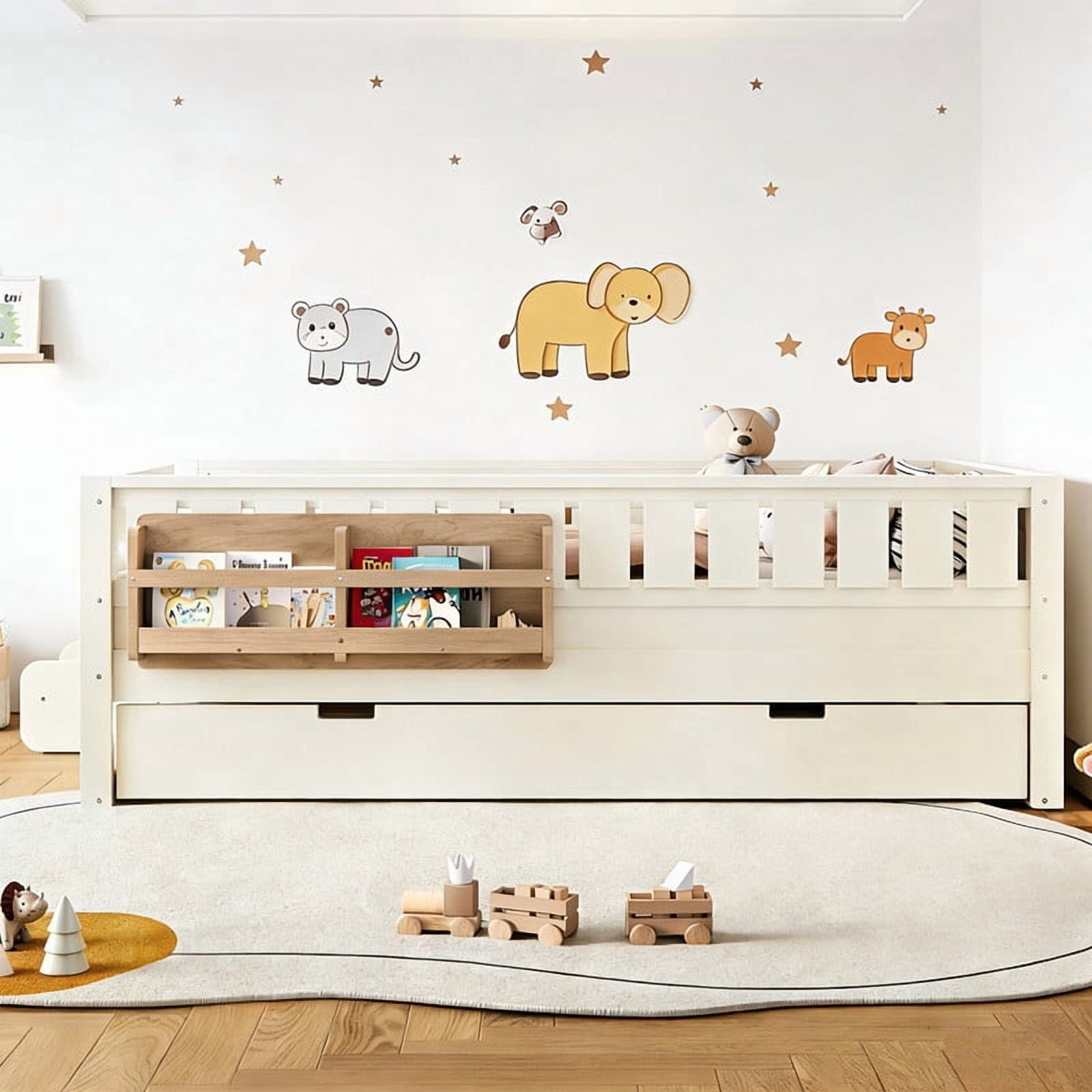 Bellemave Twin Bed with Trundle and Small Stairs, Twin Size Platform Bed Frame with Rail and Bookshelf, Wooden Montessori Floor Bed No Box Spring Needed,Beige