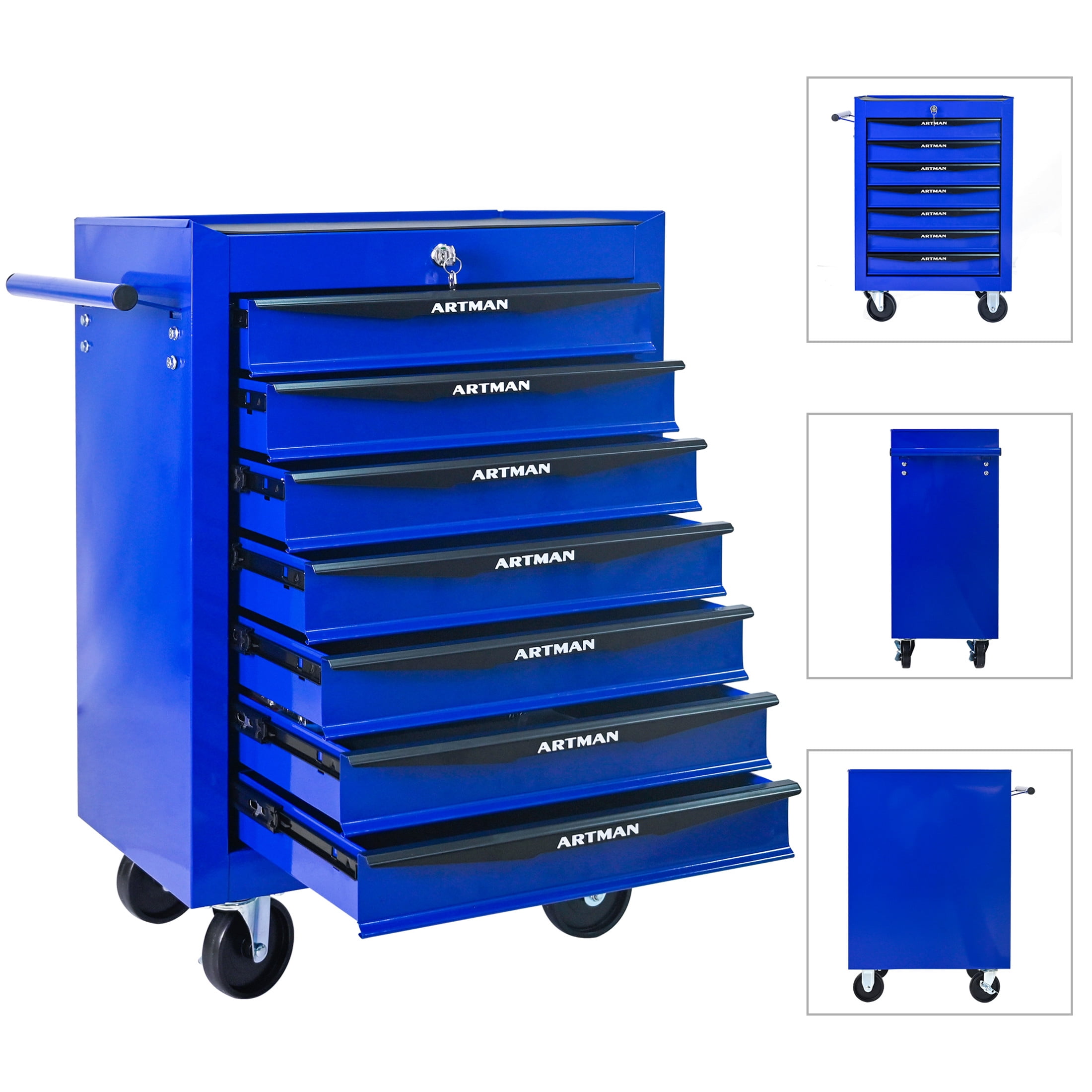 Noble House 7-Drawer Mobile Steel Tool Organizer with Key Lock, Ball Bearing Slide Storage Cabinet Box, Blue