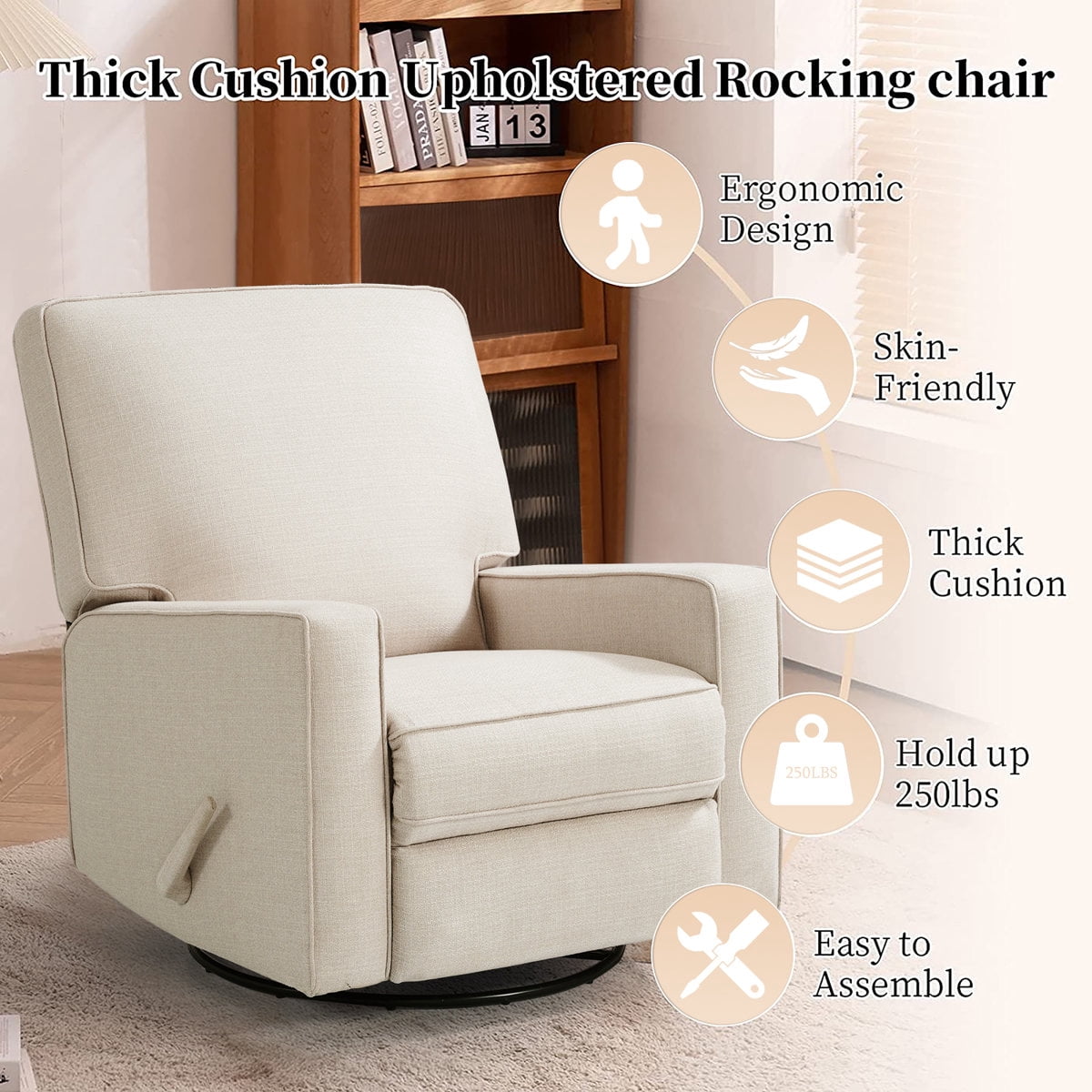 360° Swivel Rocker Recliner , Glider Rocker Recliner, Rocking Chairs for Nursery, Linen Fabric Chair with High Back, Deep Seat, for Living Room, Bedroom, Beige