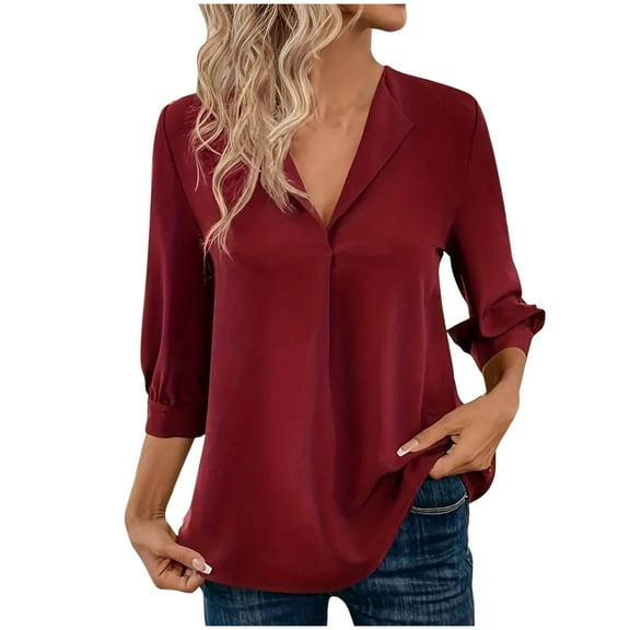 fatyb Women's Dressy Blouses 3/4 Sleeve Collar V Neck Loose Shirts Elegant Chiffon Work Business Tops