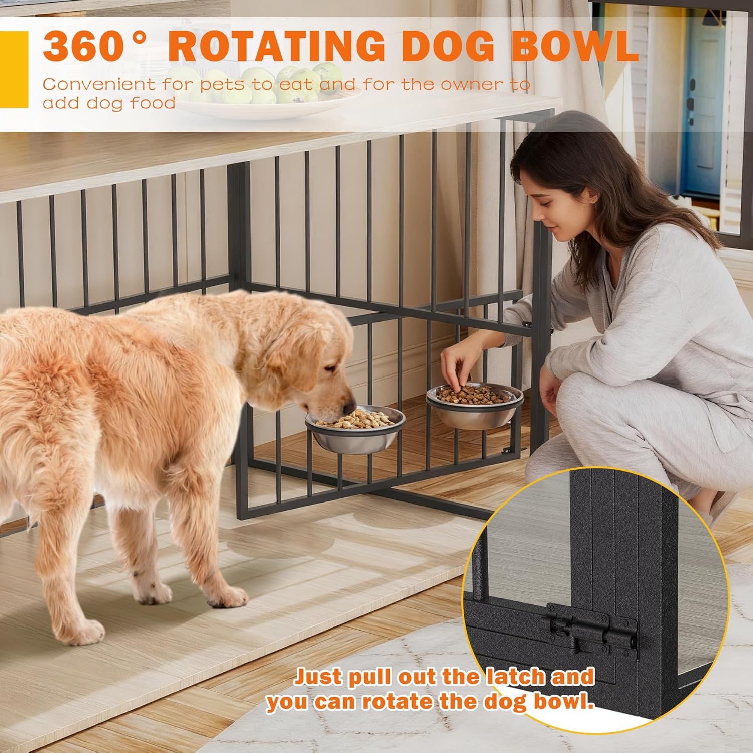 Haverchair 72" Double Dog Crate Furniture with LED Light and Power Outlets, Heavy Duty Wooden Dog Crate TV Stand with Storage Rack, Dog Kennel Indoor Furniture with Rotating Bowls for Large Dogs