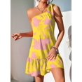 thumbnail image 4 of Women'S One Shoulder Leaf Print Self-Tie Short Dress Sleeveless Tiered Hem Formal Dress Yellow L, 4 of 9