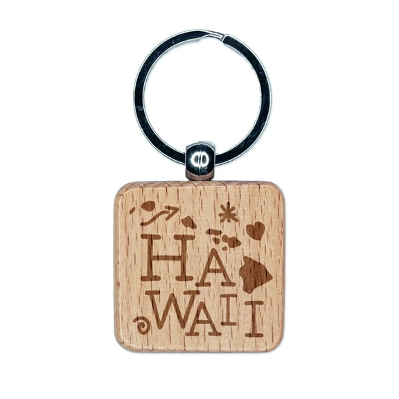 Hawaii State with Text Swirls Square Keychain Charm Tag - Engraved Wood