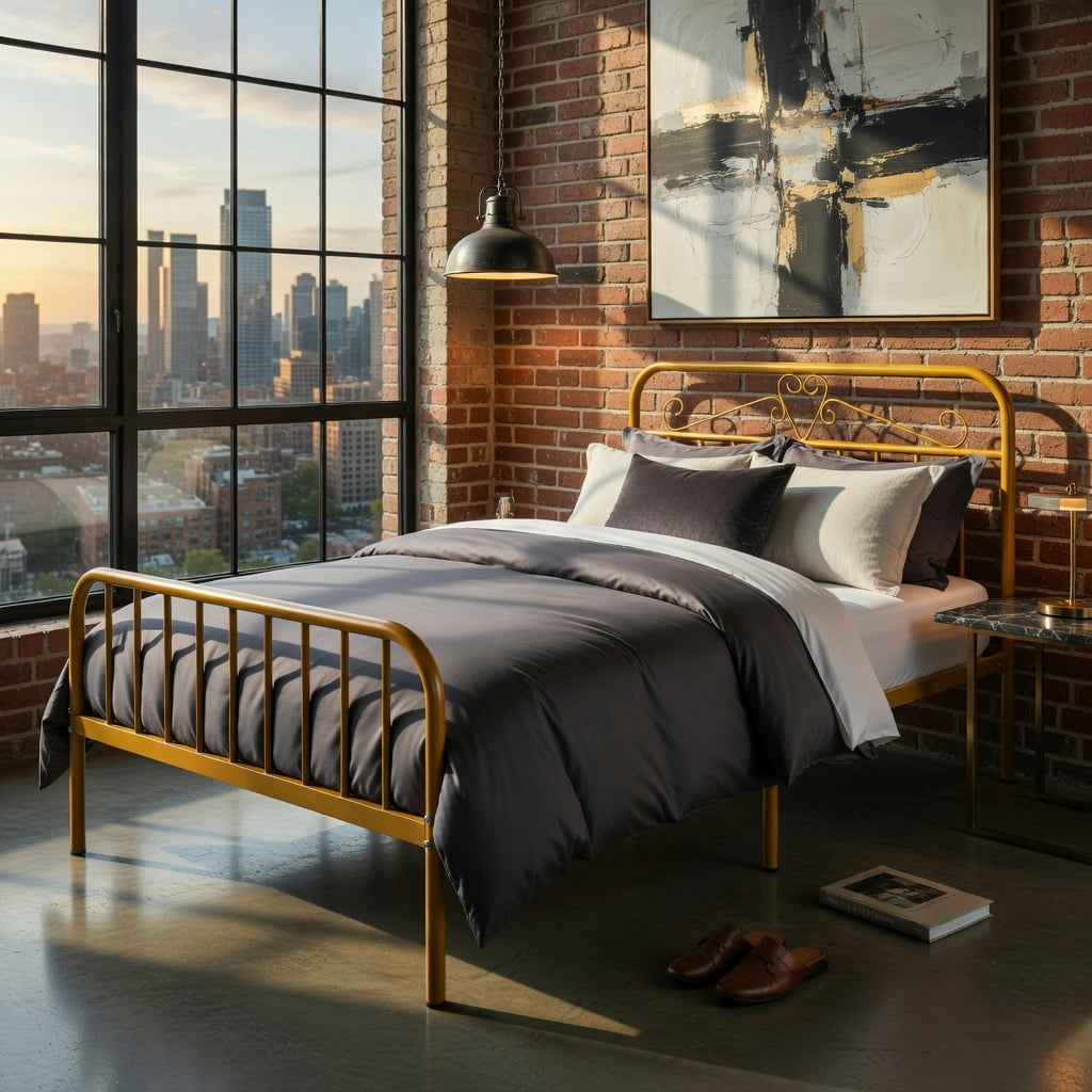 Yardi Yarda Twin Size Bed Frame with Headboard and Safety Side Guardrails, Simple Bed Frame for Indoor, Gold