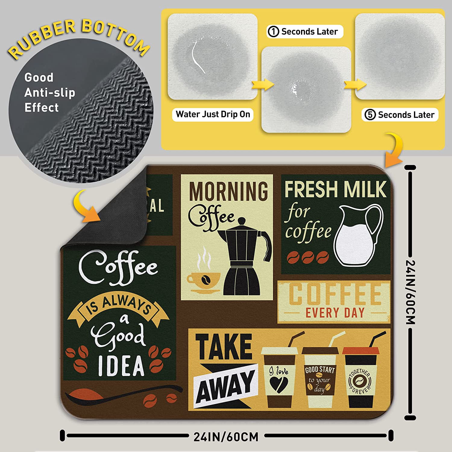 Vodiver Coffee Mat 15x12 Inch Super Absorbent Quick Dry Dish Drying Mat for  Coffee Bar Accessories,Coffee Maker,Coffee Table Decor,Kitchen Counter