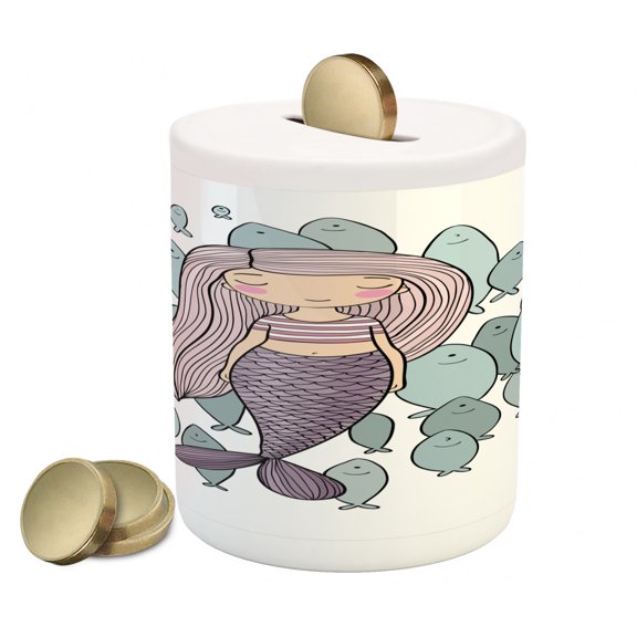 Mermaid Piggy Bank, Cartoon Girl Living in the Sea with Flock of Fish Fantasy Marine Cartoon Character, Ceramic Coin Bank Money Box for Cash Saving, 3.6" X 3.2", Multicolor, by Ambesonne