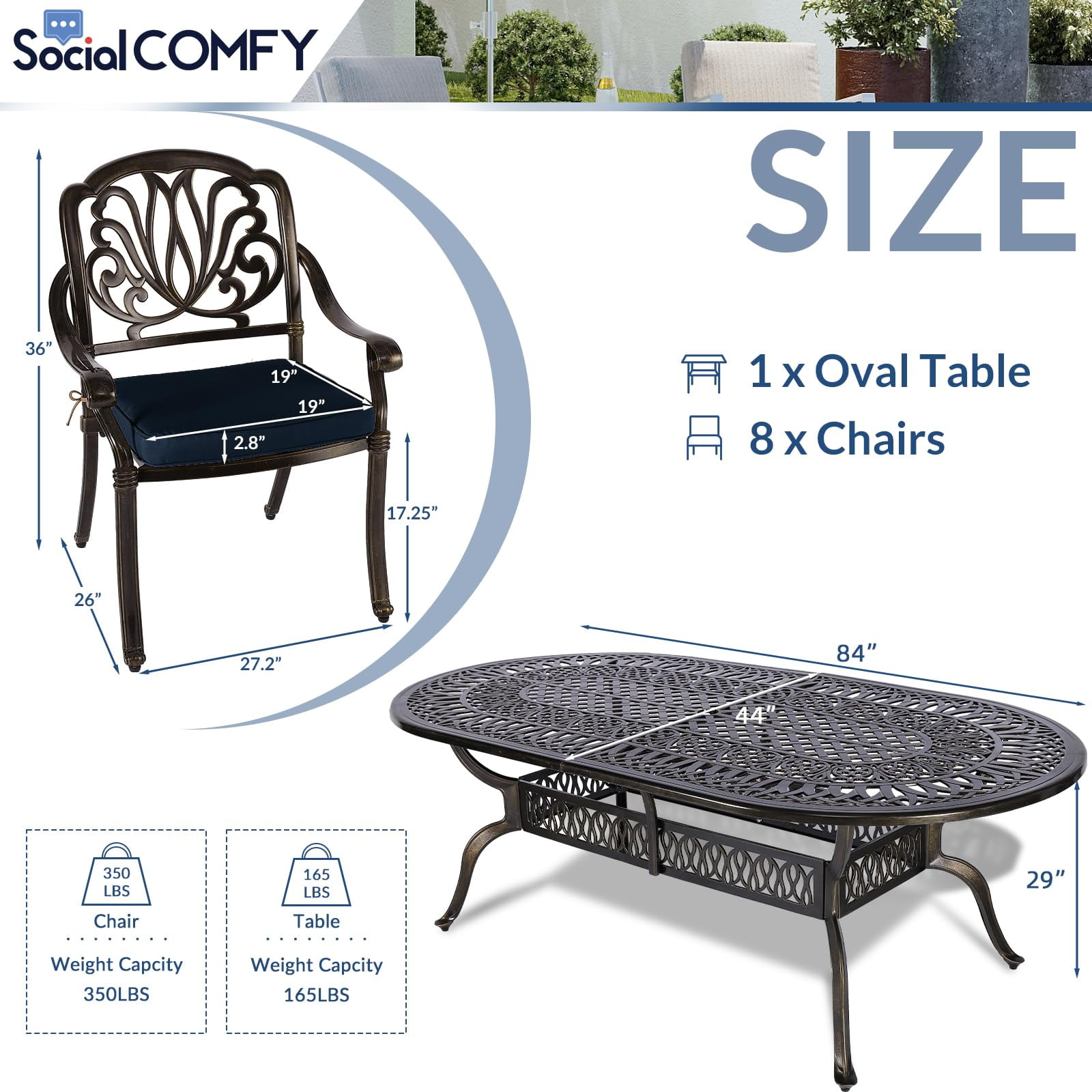 9-Piece Patio Cast Aluminum Dining Set, Outdoor Dining Furniture Set for 8 Person, Includes 84" Oval Table and 8 Cushioned Chairs with Umbrella Hole for Patio Deck Garden, Navy Blue