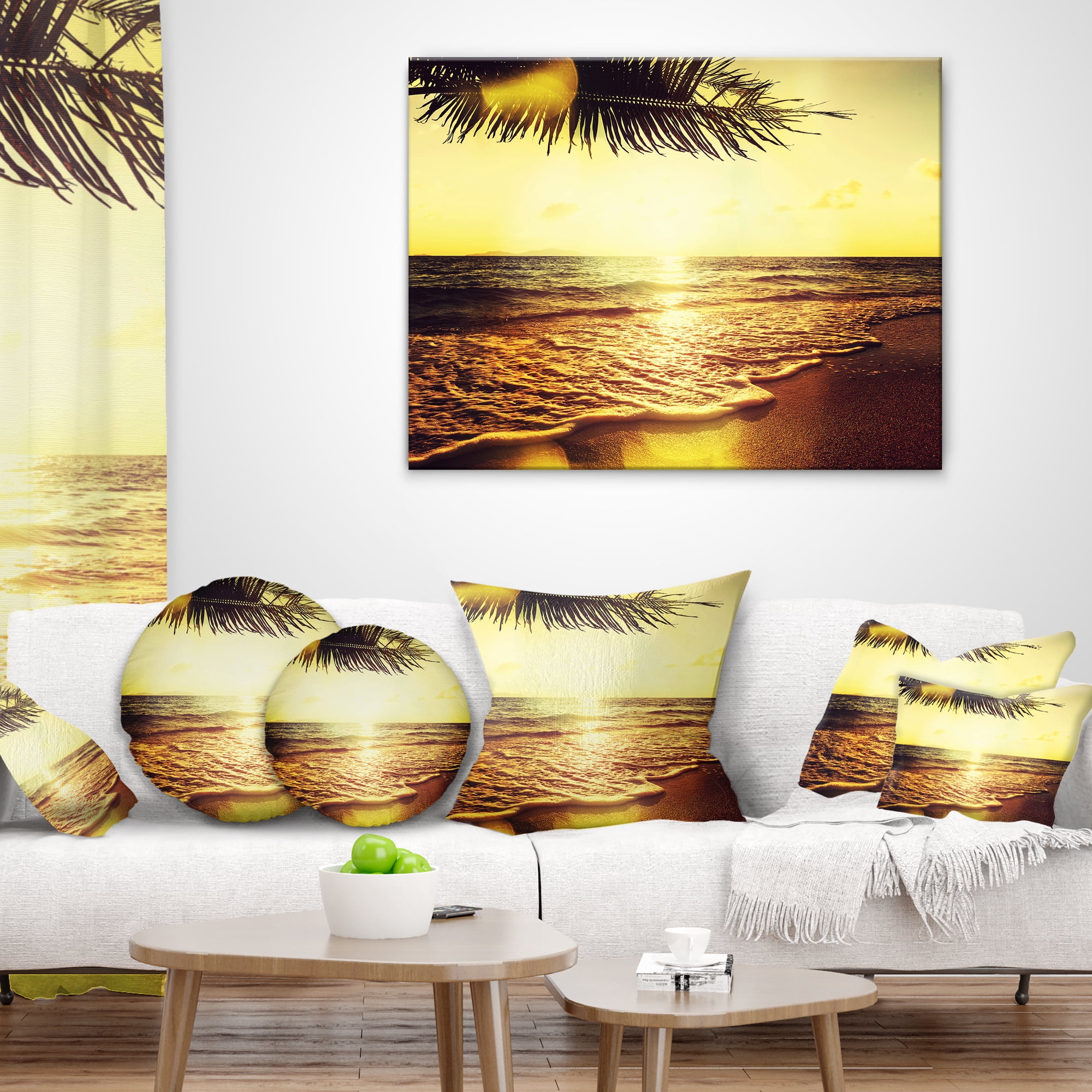 Designart Clear Yellow Tropical Coastline - Seashore Throw Pillow - 16x16