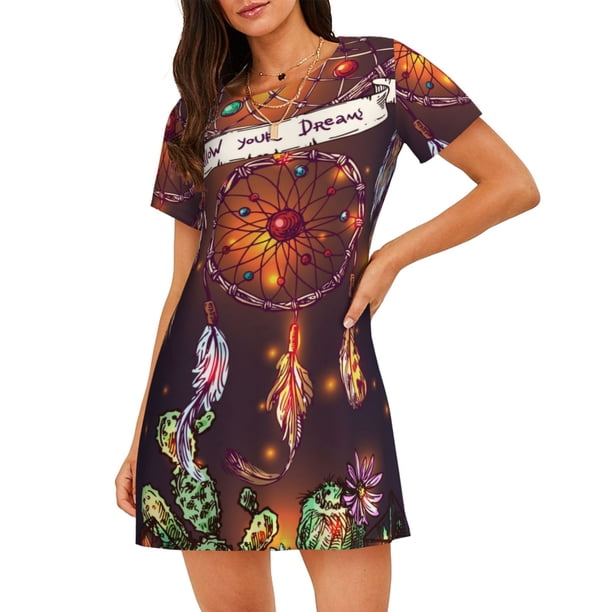 Fotbe Beautiful Dreamcatcher1 Bata de Dormir para Mujer con Estampado, Camisón de Algodón de Manga Corta, Ropa de Dormir Casual