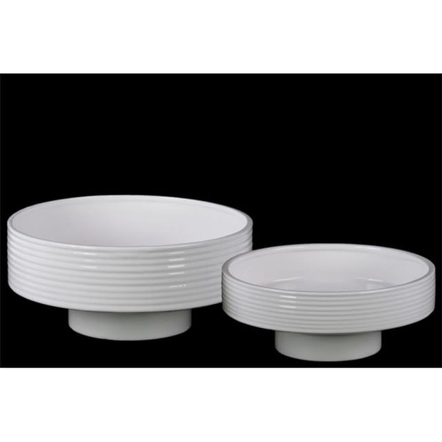 Urban Trends Collection 35410 2 Piece Gloss White Ceramic Round Flower Pot with Depressed Bottom & Ribbed Side, Set of Two - 11.25 x 11.25 x 5.00 in.