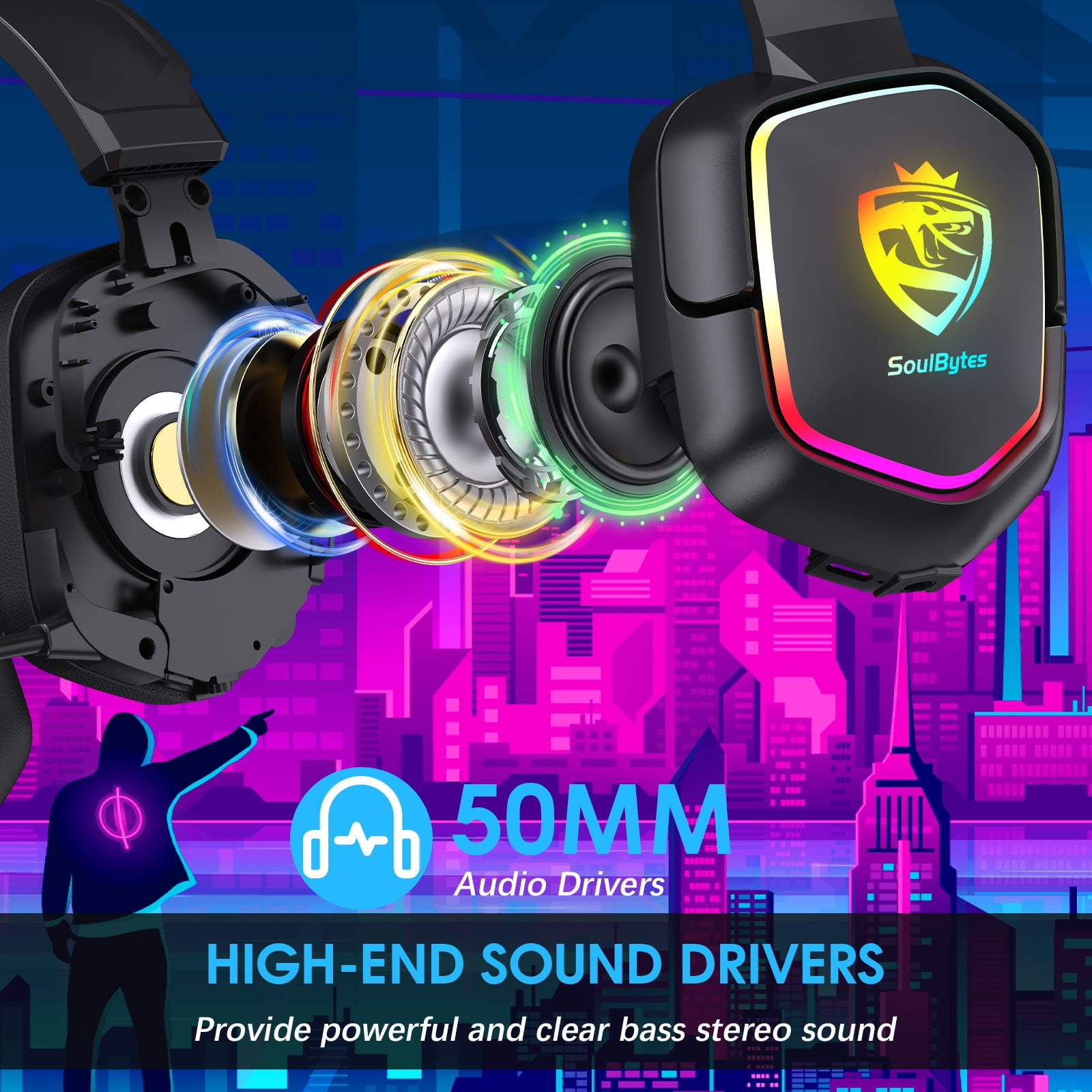 Gaming Headset with Microphone, Over Ear Headphones with Directional Noise Cancelling Mic and Dynamic RGB Lighting, 3.5mm Audio Jack, for PC, Smartphone, Gaming Console, Extra-Large Earcups