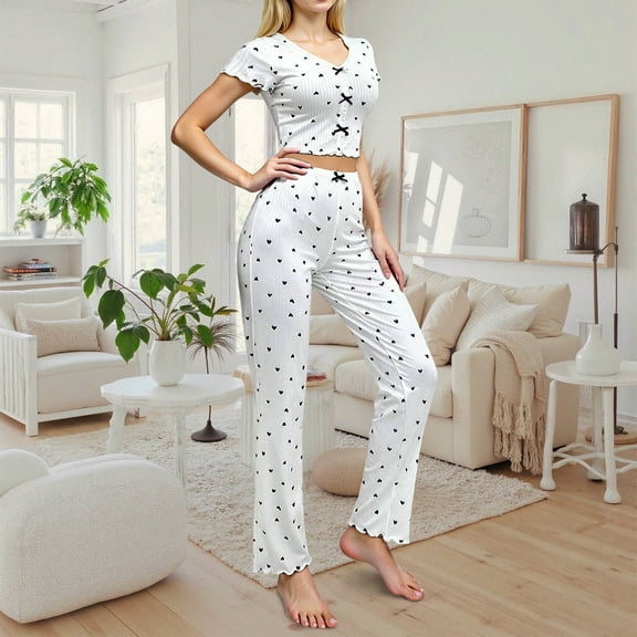 PNTUTB Summer Women's Two-piece Fashion Heart Print Bow V Neck Cropped Top and Long Pants Slim Pajama Set