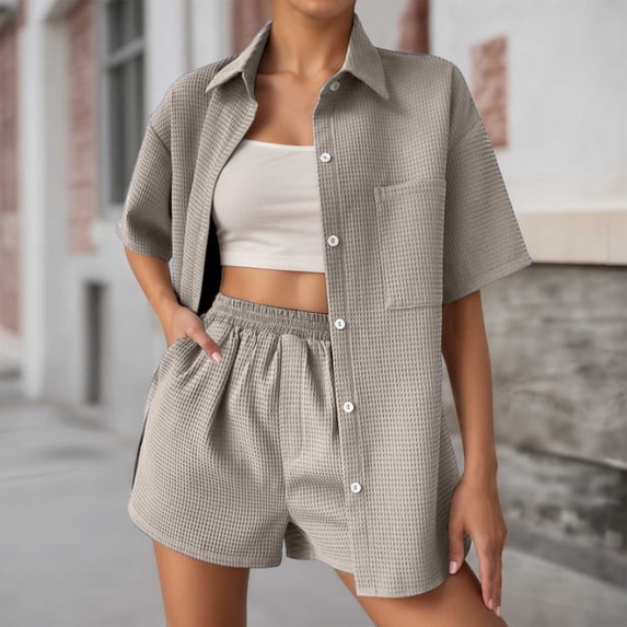Short Sets for Women Waffle Knit Loose Fit Short Sleeve Button Down Collared Shirt and Shorts 2 Piece Matching Set