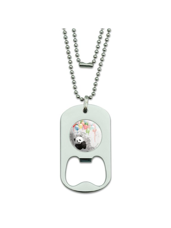 Panda Bear with Colorful Rainbow of Balloons Military Dog Tag Bottle Opener Pendant