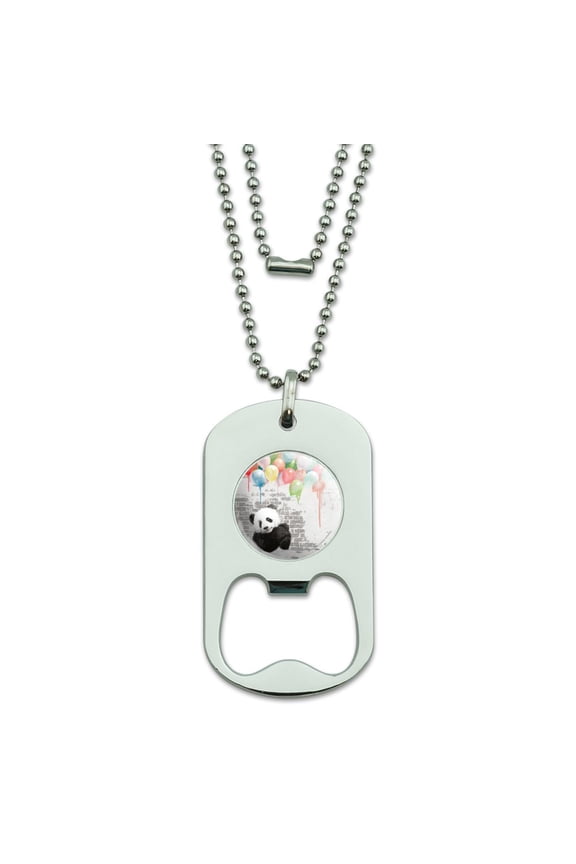 Panda Bear with Colorful Rainbow of Balloons Military Dog Tag Bottle Opener Pendant