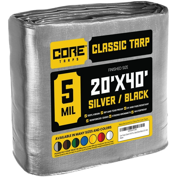 Core Tarps 5 Mil Classic Tarp Camping Tarpaulin Waterproof Cover, Silver and Black 20 x 40Ft