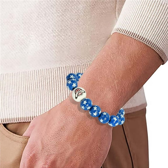 HHBEAUTY Independence Day Beaded Bracelets Patriotic Bracelets 4th of July Chunky Beaded Bracelets Wooden America Flag Red White And Blue Bead Ball Stretch Bracelet Jewelry