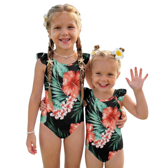 Grblisyd Girls One Piece Swimsuits Flutter Sleeve Hawaiian Beach Sport Swimwear Kids Crew NeckBathing Suit 8 Years