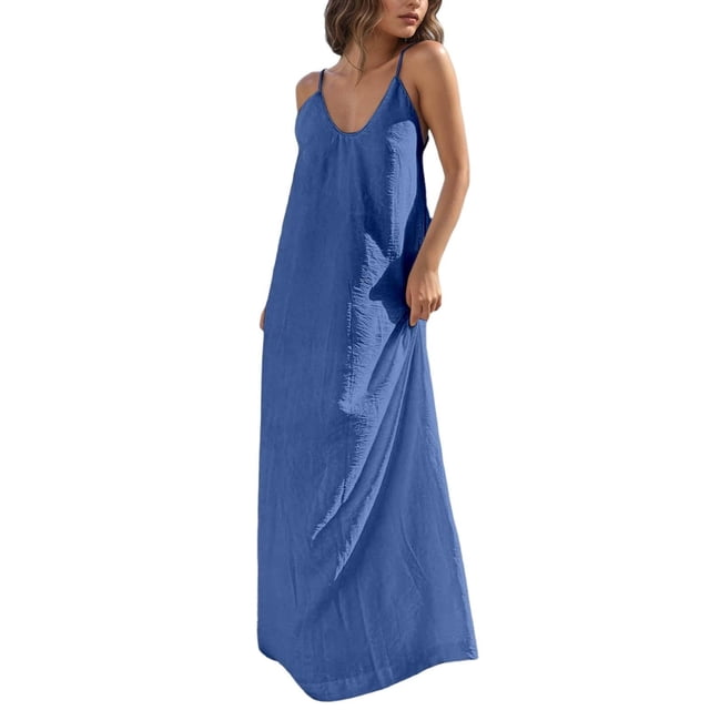 Besolor Robes Maxi d'Été pour Femmes Décontractées Boho à Col en V Sans Manches Dos Nu Robe Caraco Longues Robes de Plage