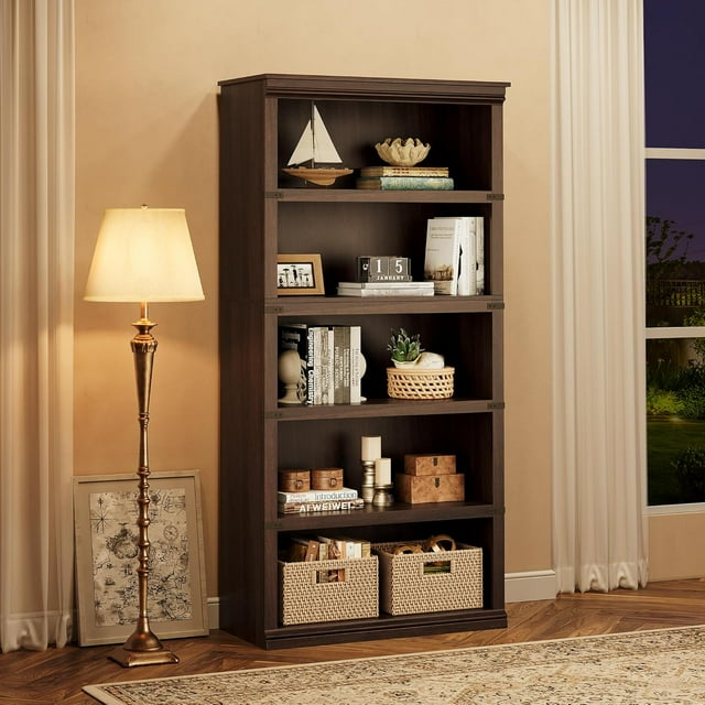 Historyli Estantería de 5 Niveles, Librería Estilo Rústico, Estante Alto de 67.4" (171 cm) con Almacenamiento, Estantes de Madera para Sala de Estar, Oficina en Casa, Cerezo Oscuro