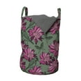 thumbnail image 1 of Floral Laundry Bag, Birds Pointy Petals Hand Drawn Sketch Illustration, Hamper Basket with Handles Drawstring Closure for Laundromats, 13" x 19", Pink Laurel Green, by Ambesonne, 1 of 4