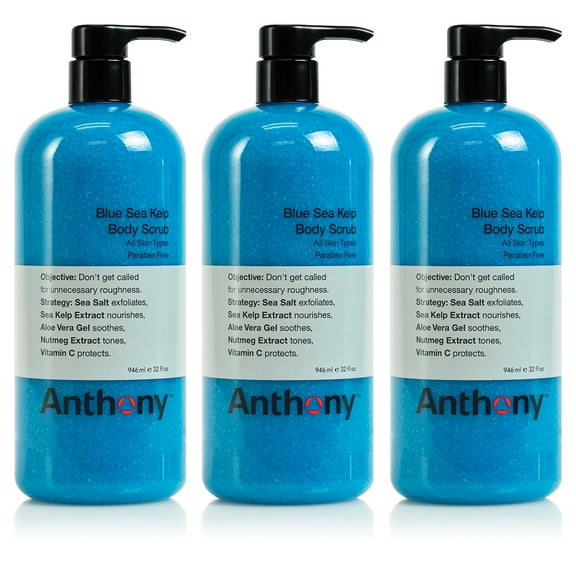 Anthony Exfoliating Body Scrub – Sea Salt, Vitamin C, And Aloe Vera Deep Cleans, Smooths Rough Patches & Soothes and Protects Skin – Blue Sea Kelp Body Wash 32 Fl Oz Pack of 3