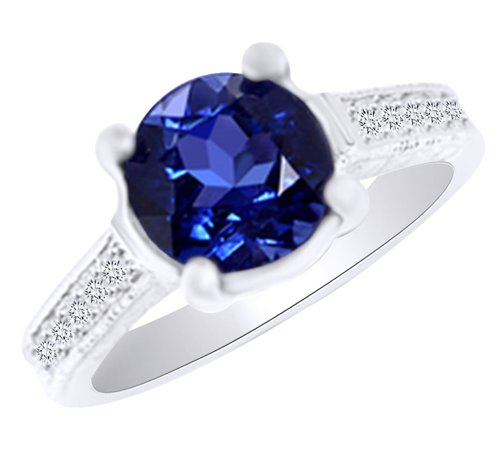 (3.4ct) Simulated Blue Tanzanite & White Diamond Antique Style Engagement Ring In 14k Solid Gold With Ring Size 4 by Jewel Zone US