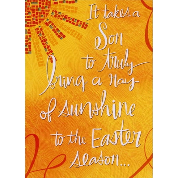 Designer Greetings Ray of Sunshine : Red, Orange and Gold Foil Sun on Orange and Yellow Son Easter Card