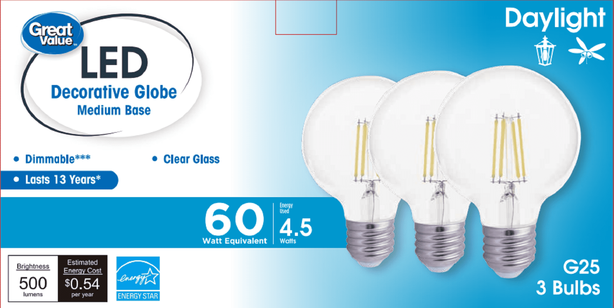 Great Value Deco LED G25 Light Bulb 60W Eqv 4.5 Watts Dayight, E26 Base, 3 Pack