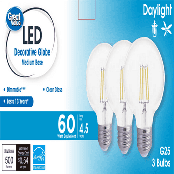 Great Value Deco LED G25 Light Bulb 60W Eqv 4.5 Watts Dayight, E26 Base, 3 Pack