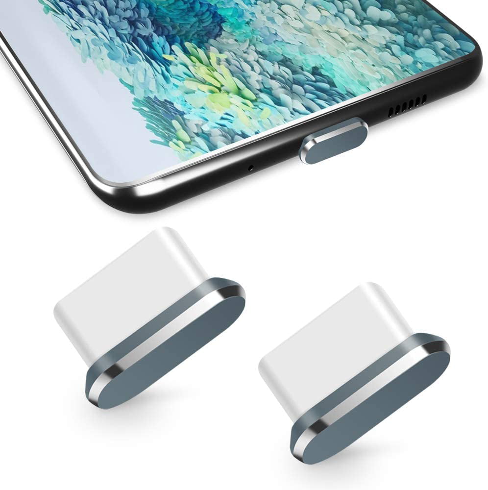 VIWIEU USB C Dust Plug Cover Charms Cell Phone Type C Charging Port and Earphone Jack Cap Protector Compatible with Samsung Galaxy Note Pixel OnePlus Laptop MacBook Pro Android Devices Silver 2 Pack 