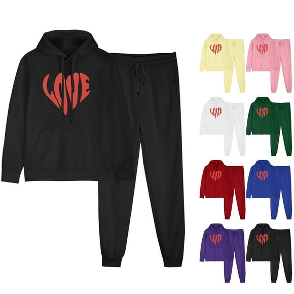 JURANMO Sweatsuits for Women Set, 2 Piece Outfits Cute Teen Girls Heart Graphic Hoodie Sweatshirts and Sweatpants Two Piece Matching Outfits Todays Daily Deals Black S