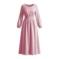 thumbnail image 6 of FRSASU Women's Long Sleeve Striped A Line Midi Dress Round Neck Smocked Elastic Waist Flowy Casual Daily Holiday Long Dress Hot Pink, 6 of 8