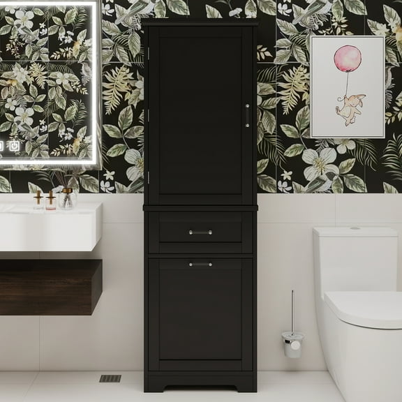 Tall Bathroom Storage Cabinet, Freestanding Storage Cabinet with Two Different Size Drawers and Adjustable Shelf, MDF Board with Painted Finish, Black