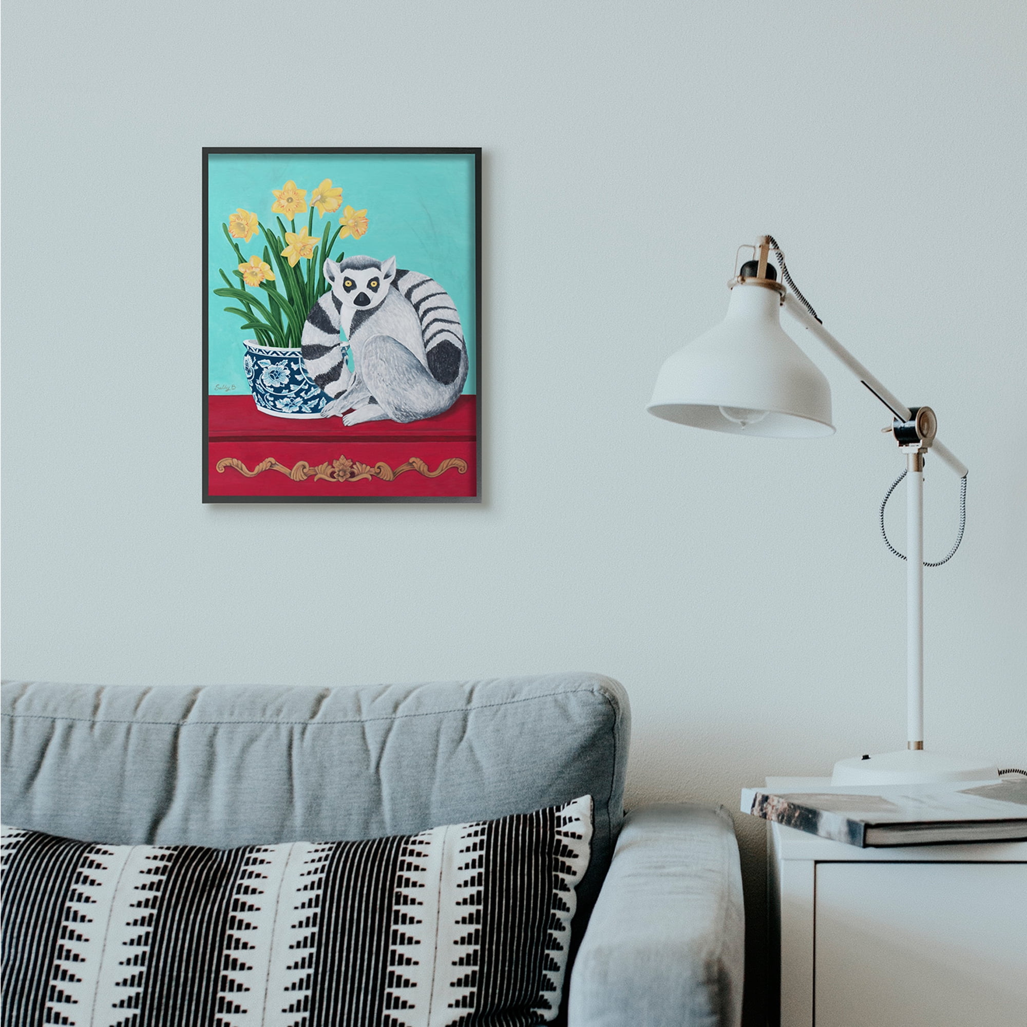 Stupell Industries Lemur and Daffodil Flower Vase Blue Red Animal Painting Black Framed Art Print Wall Art, 16x20, by Sally B