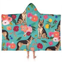 German Shepherd with Pioneer Flower Hooded Bath Towel，50"x30" for Ages 3 To 12 Kids, Quick Dry Lightweight Soft Microfiber Hood Beach Towel Cover Up for Kids