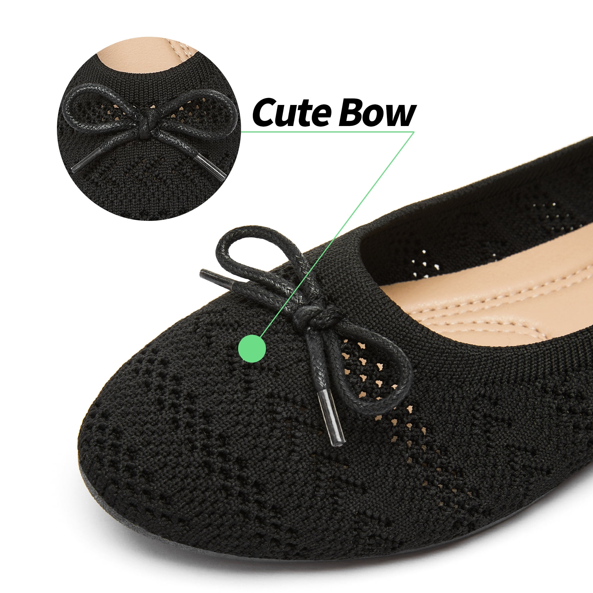 AOMAIS Women’s Ballet Flats Knit Mesh Flats Round Toe Shoes Comfy Slip Ons Casual Dress Flats Waling Loafer (Black,US9)