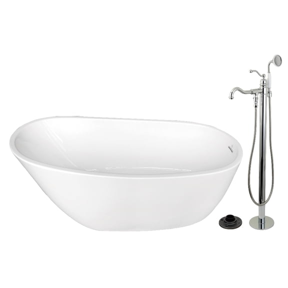 Kingston Brass KTRS5929131AL 59-Inch Acrylic Oval Single Slipper Freestanding Tub with Faucet Combo and Drain in Glossy White/Polished Chrome