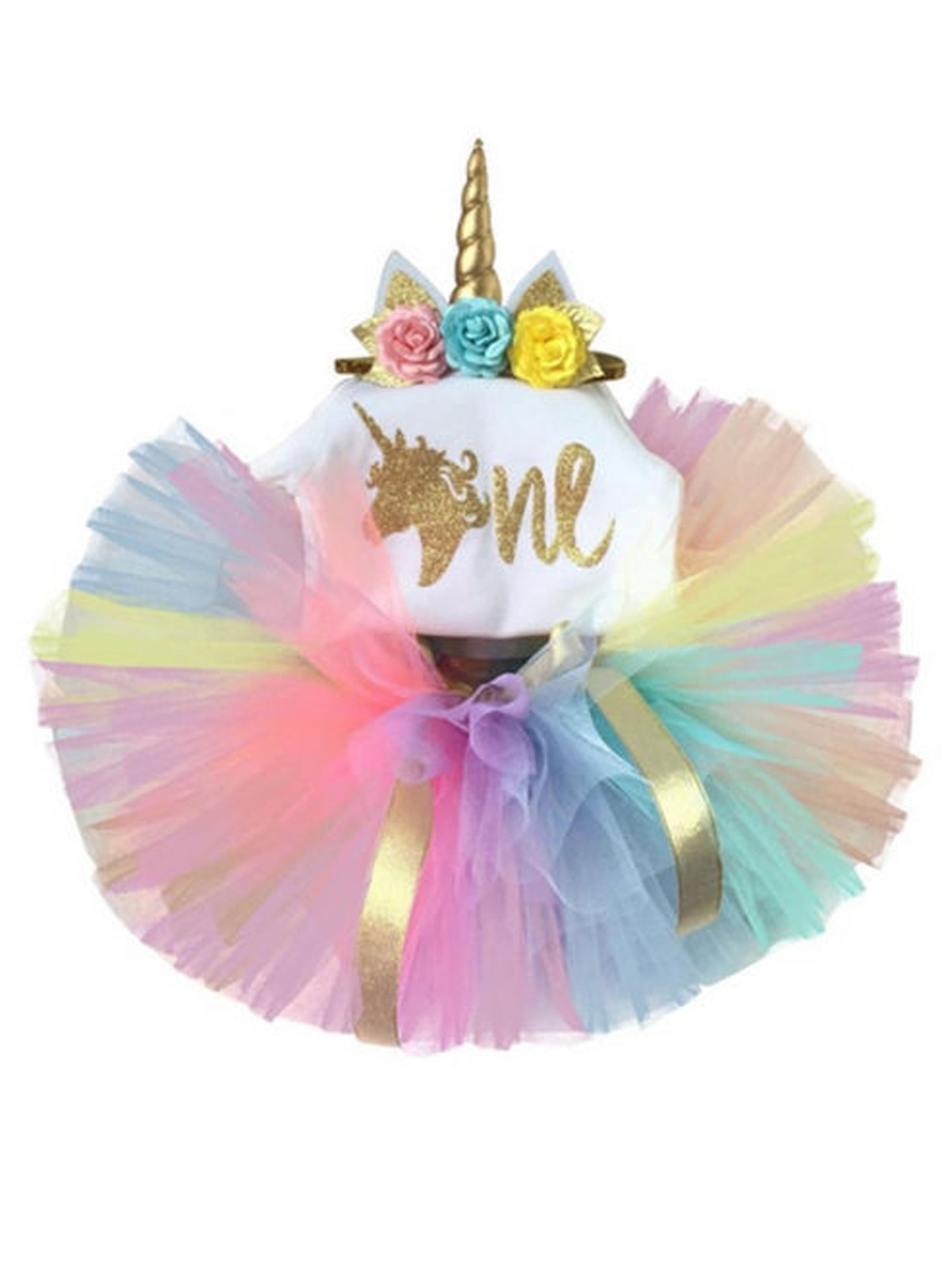Baby Girl First 1st Birthday Tutu Outfit Cake Smash One Rainbow Unicorn 3Pcs UK 