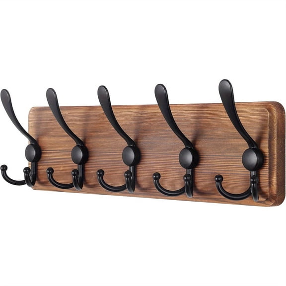 Rustic Solid Wood Wall-Mounted Coat Rack with Hooks & Hanging Rod, Farmhouse Entryway Jacket & Coat Organizer, 17-Inch, Natural Wood