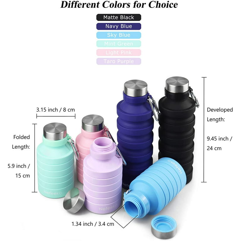 Nefeeko Collapsible Water Bottle, Reuseable BPA Free Silicone Foldable Water Bottles for Travel Gym Camping Hiking, Portable Leak Proof Sports Water