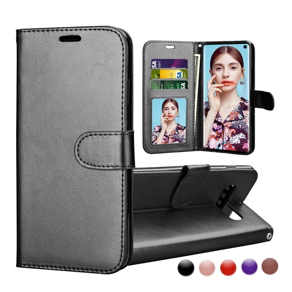 Njjex for Samsung Galaxy S10 / Galaxy S10 Plus / Galaxy S10 5G / Galaxy S10E Wallet Cases Cover, Njjex Buit in 3 Card Slot PU Leather Magnetic Protective Cover with Photo Window & Wrist Strap -Black